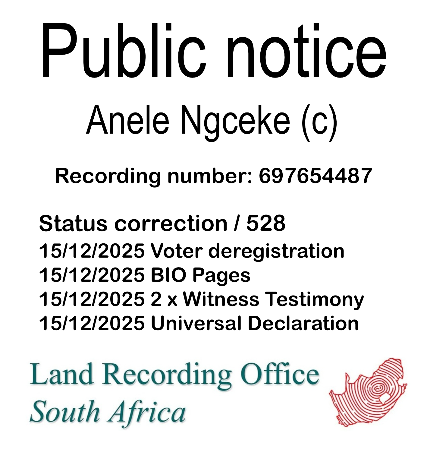 Public notice Anele Ngceke Recording number 697654487
